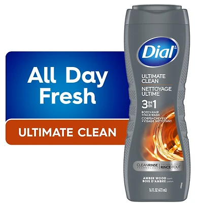 Dial Men 3in1, Body, Wash, Hair Wash, Face Wash, Amber Wood Scent, 473ml, Dermatologist Tested, Free from Silicones, Parabens, Phthalates, 1 Bottle, 473mL