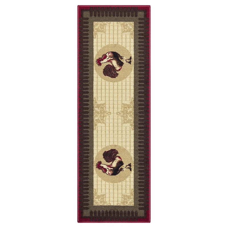 Tapis de couloir à motif coq à sous-couche en caoutchouc de la collection Siesta, 20 po. x 59 po., Coq sur fond beige