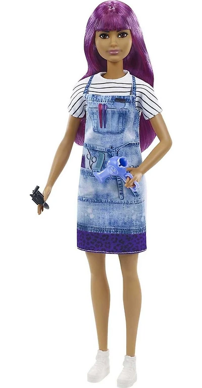 Poupée ​Barbie Coiffeuse avec cheveux violets, jupe-tablier tie-dye, t-shirt à rayures, séchoir et brosse à cheveux Âges 3+