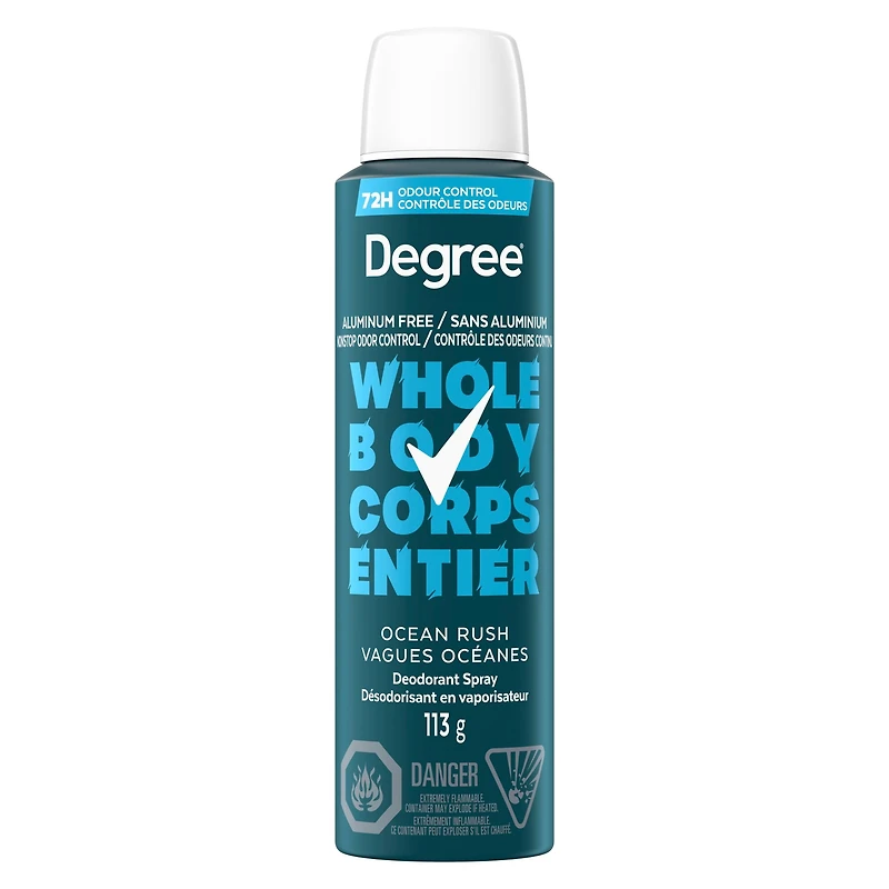 Degree Men Men Whole Body Deodorant Spray, Ocean Rush Scent, Aluminum Free 72H Odour Protection 113 g