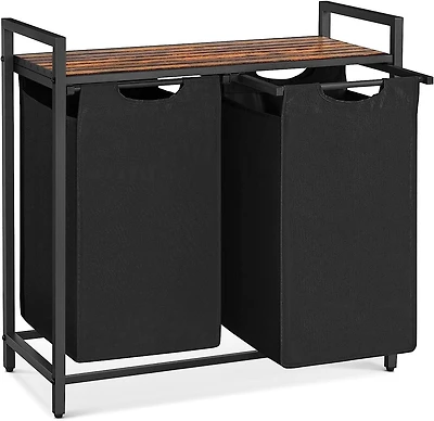 Boutique Home Laundry Hamper Sorter with 2 Bags, Metal Frame and Rustic Brown/Black Shelf