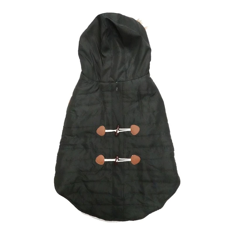 Holiday Time Dog Clothes: Hooded Jacket for Fall & Winter, Black with Faux Toggles, Size XS-XL