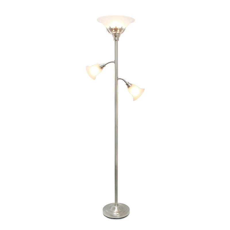 Lampe de sol élégante 3 lumières avec abat-jour en verre festonné, nickel brossé
