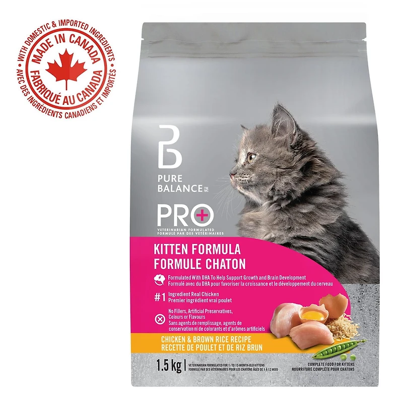 Pure Balance Pro+ Chaton Recette Poulet et Riz Brun Nourriture sèche pour chat 100 g, 1,5 kg