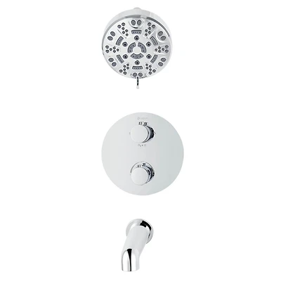 The akuaplus® thermostatic shower set with 4-way diverter, a shower heads 8 settings, spout or simultaneously, chrome finish