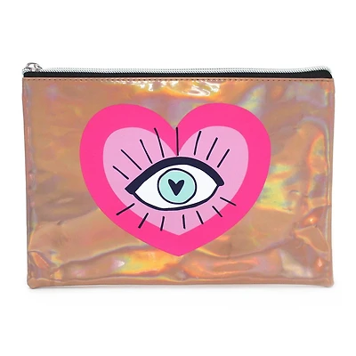 Pen+Gear Metallic Icon Pencil Pouch with Bold Heart and Eye Design and Silver Zip