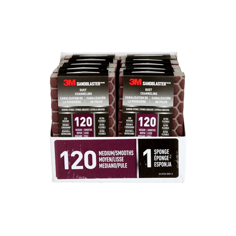Éponge à poncer ultrasouple 20908-120-UFS SandBlaster(MC) 3M(MC), canalisation de la poussière, grain 120 4 1/2 x 2 1/2 x 1 po, 1/pqt