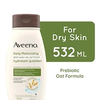 Aveeno Daily Moisturizing Body Wash for Dry, Sensitive Skin with Prebiotic Oat, Hydrating Oat Body Wash Nourishes Dry Skin & Gently Cleanses, Light Fragrance, Sulfate-Free, 532 mL