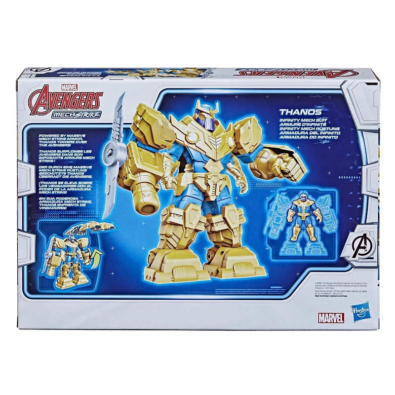Hasbro Marvel Avengers Mech Strike, figurine articulée de 22,5 cm Thanos Armure d'infinité avec lame rotative, pour enfants, dès 4 ans