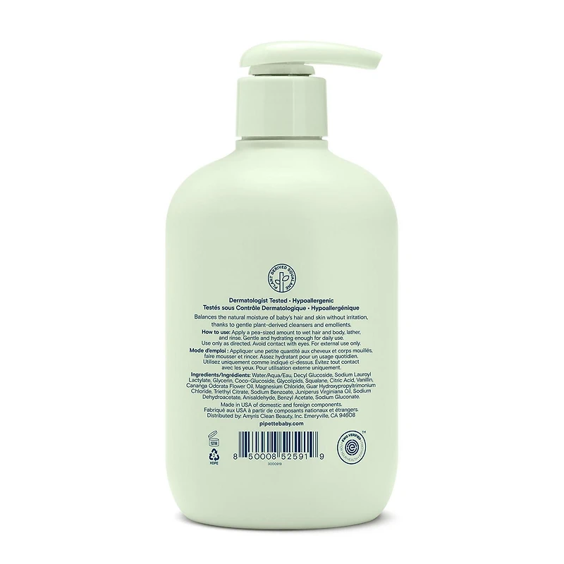 Pipette Non Irritant Shampooing Bebe pour Corps et Cheveux, Vanilla & Ylang Ylang (351ml)