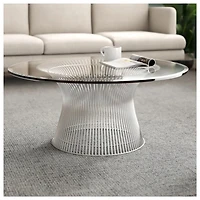 Snyder Modern Coffee Table chrome finish and a tempered glass top, complimented by a durable stainless steel base