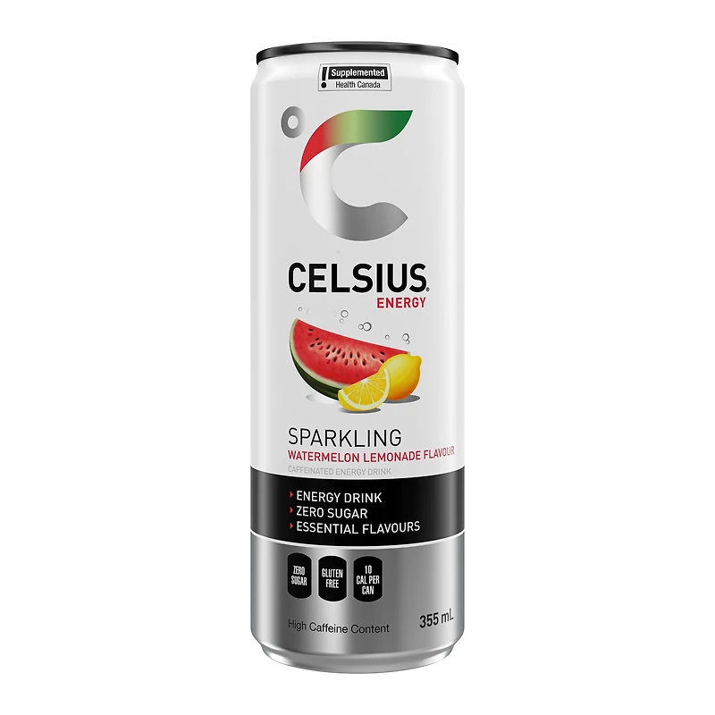 Celsius Water Lemonade Energy Drink 355 mL, Can, Taste summertime every time with the perfect fusion of juicy watermelon and freshly squeezed lemonade in CELSIUS Sparkling Watermelon Lemonade. Zero sugar per 355ml can.​