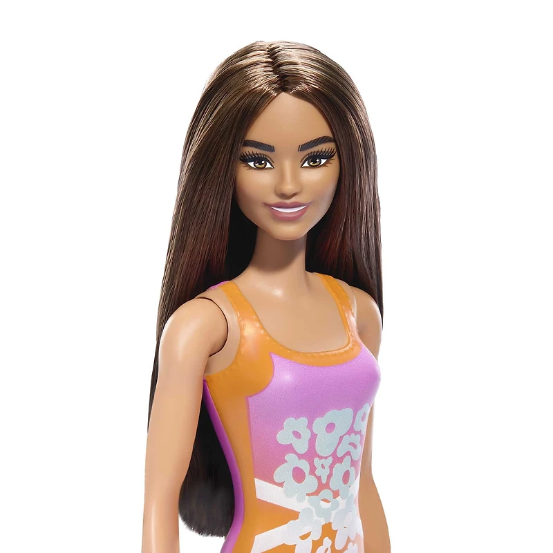 Beach Barbie Doll with Light Brown Hair Wearing Tropical Pink and Orange Swimsuit, Ages 3+