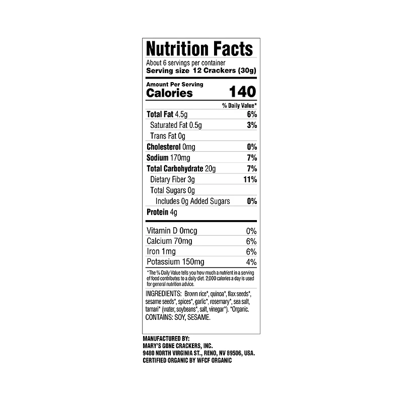 Craquelins d'Herbe Biologique et Sans Gluten de Mary's 184GR