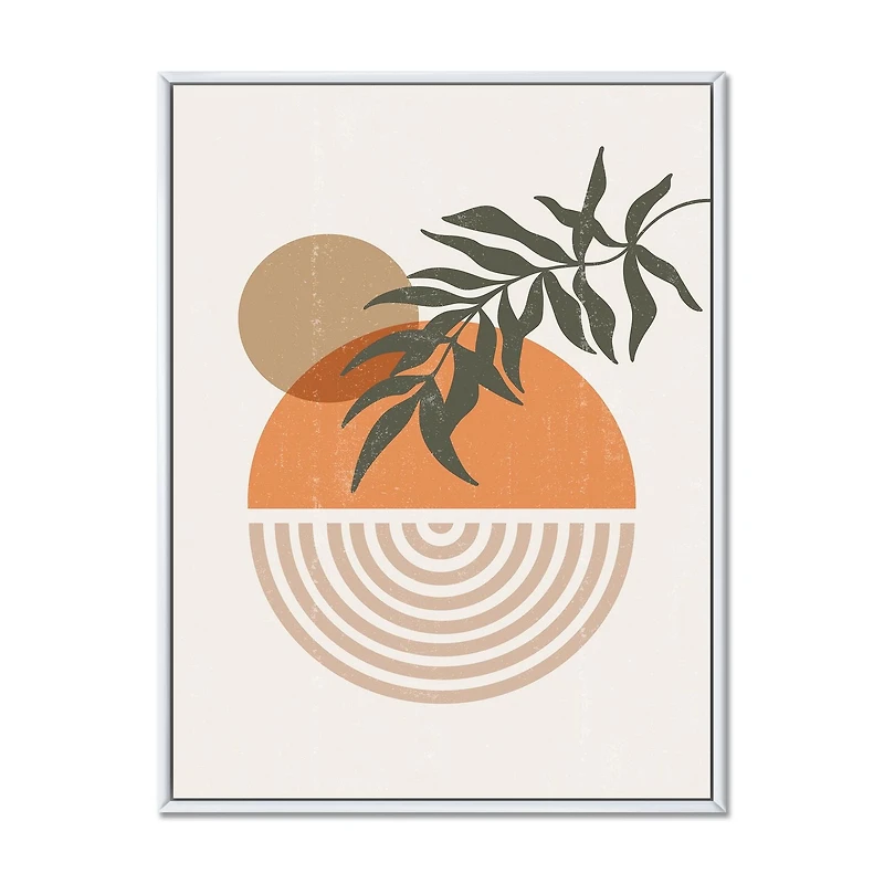 Designart Soleil géométrique abstrait et lune avec feuille I ART MURAL À CADRE FLOTTÉ