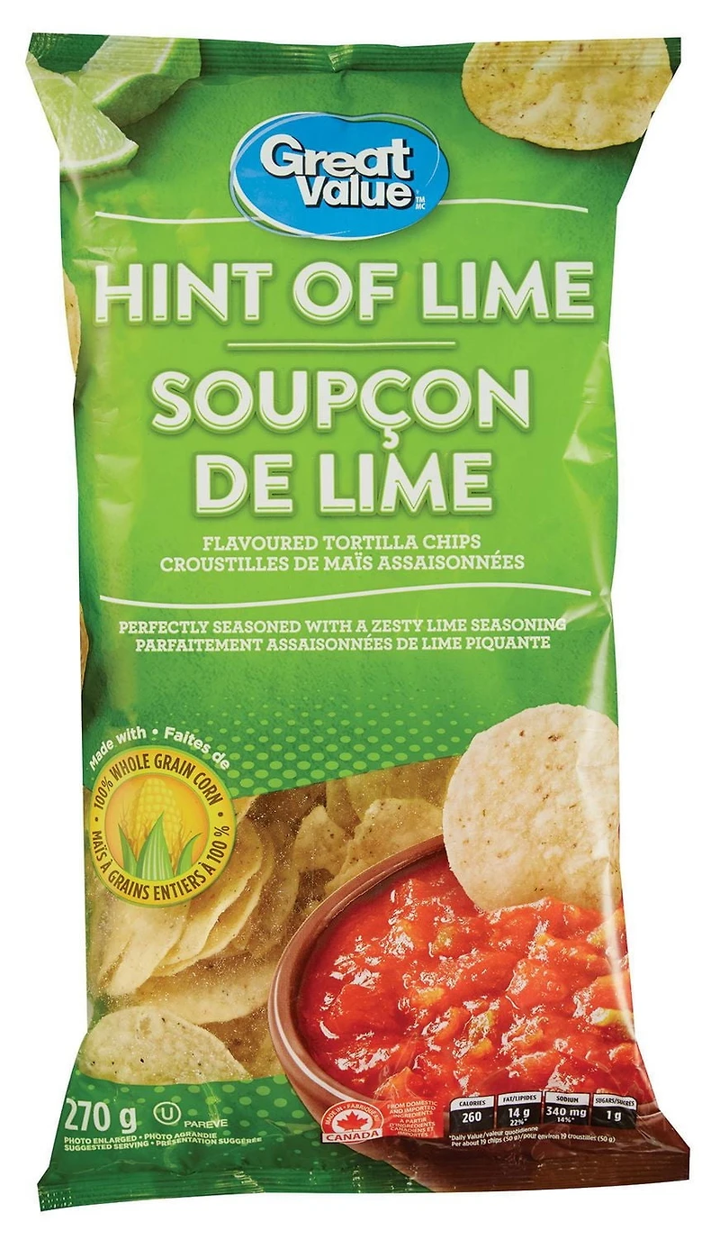 Great Value Hint of Lime Flavoured Tortilla Chips, 270 g
