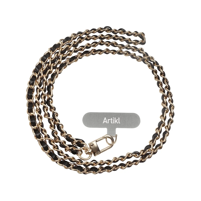 Artikl Sangle Crossbody en Cuir Végan & Chaîne Métallique pour Téléphone - Noir & Or Sangle universelle pour téléphone, noire et dorée, à porter en bandoulière