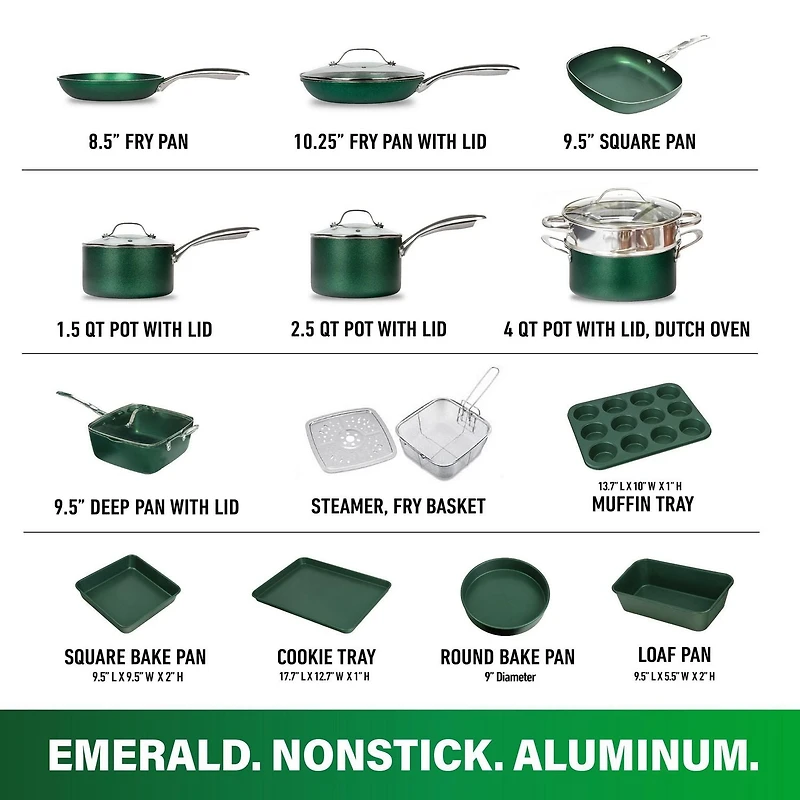 Granitestone Diamond 20 Piece Nonstick Emerald Aluminum Pots and Pans Cookware & Bakeware Kitchen Set