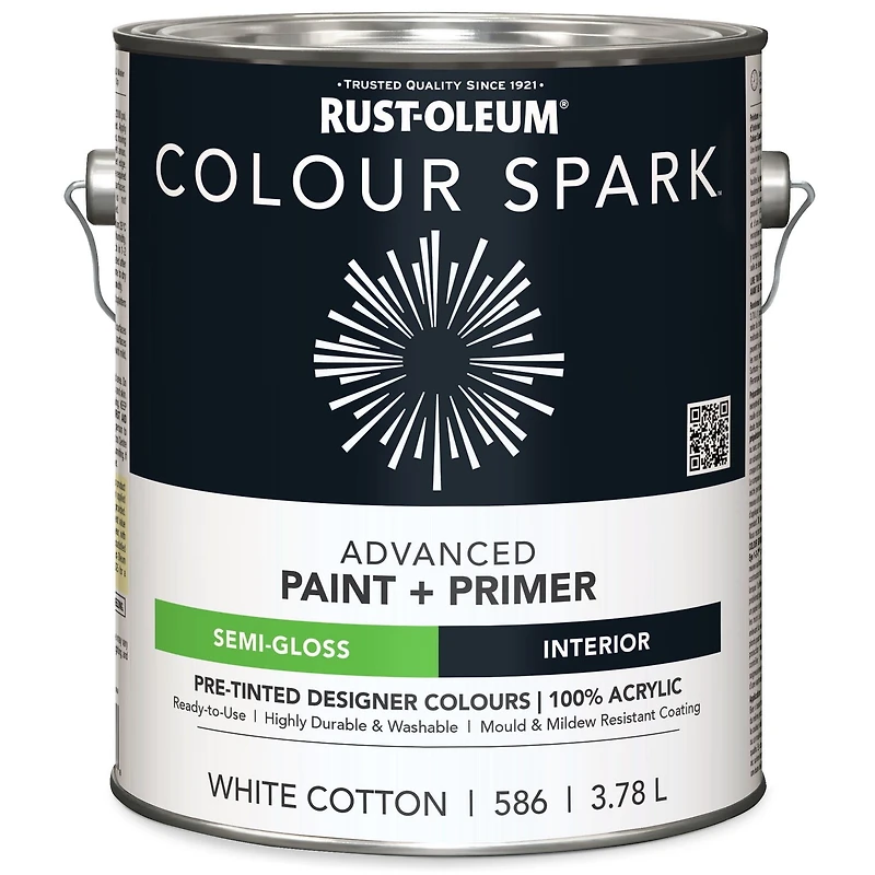 Rust-Oleum Colour Spark™ Peinture + Apprêt, Intérieur Semi-lustré, Coton Blanc 3,78L 3,78L