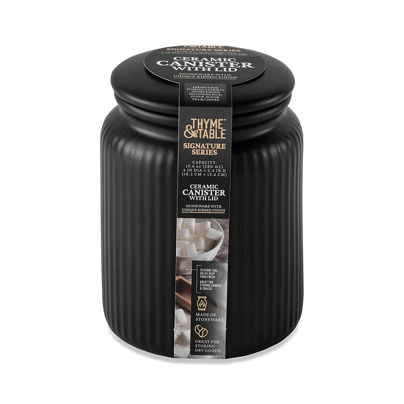 Thyme & Table, petit pot de rangement de cuisine en céramique côtelé, noir Boite