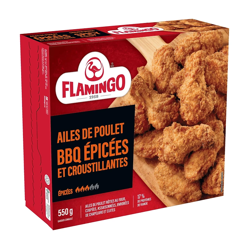Flamingo Spicy Crispy Chicken wings parfry, Spicy and crispy chicken wings cut-up, seasoned, coasted with breadcrumbs and cooked. 17 % meat protein