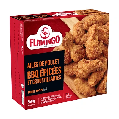 Flamingo Spicy Crispy Chicken wings parfry, Spicy and crispy chicken wings cut-up, seasoned, coasted with breadcrumbs and cooked. 17 % meat protein