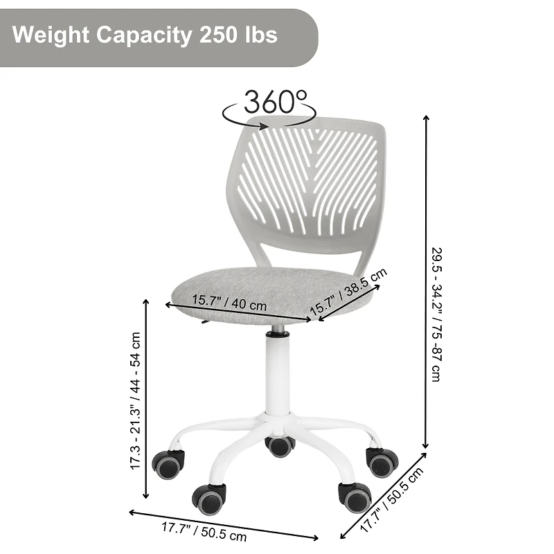 Chaise d'étude pivotante pour garçons et filles Homy Casa avec siège en tissu rose et hauteur réglable, tissu gris