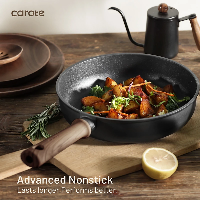 Carote Titanium Nonstick Pots and Pans Set, Carote Titanium Nonstick Pots and Pans Set, 15 Pieces Kitchen Induction Cookware Set with Silicone Tools and Pan Protector, Dishwasher Safe, Black