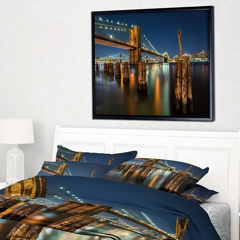Design Art Lit up Brooklyn Bridge by Night Framed Canvas Art Print