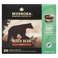 Dosettes de café Ours Noir de Muskoka Roastery Coffee Co. à torréfaction foncée en emballage d'une portion