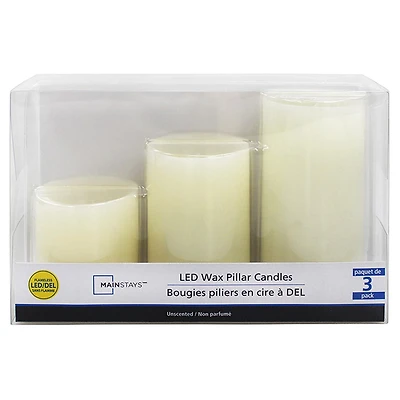 Mainstays Mini bougies piliers en cire à DEL, non parfumé, Paquet de 3, 2" x 2", 2" x 3", 2" x 4"