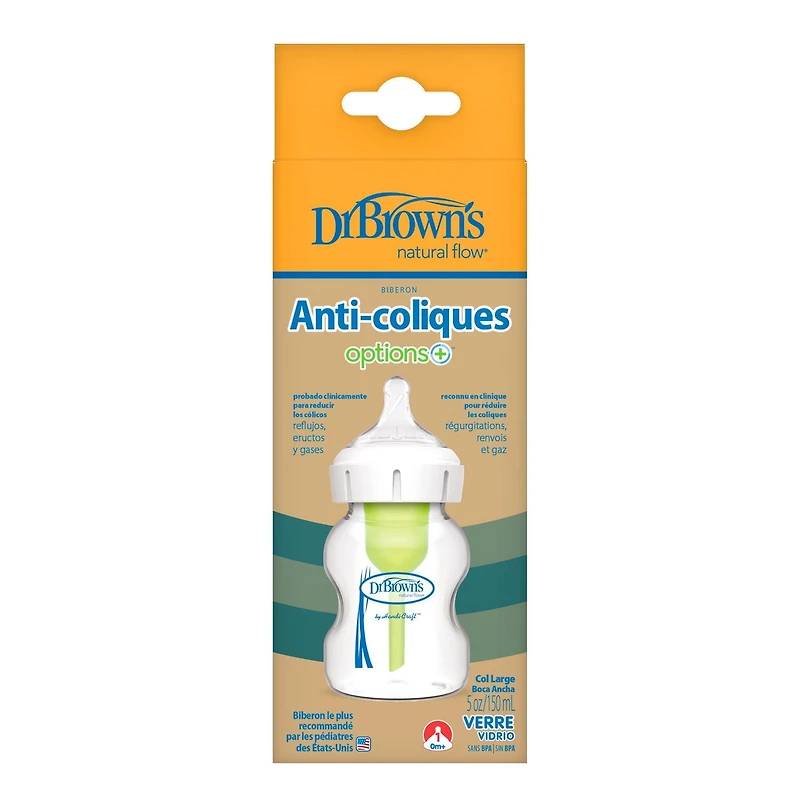 Dr. Brown’s Natural Flow Anti-Colic Options+ Wide-Neck Glass Baby Bottle 5 oz/150 mL, with Level 1 Slow Flow Nipple, 1 Pack, 0m+