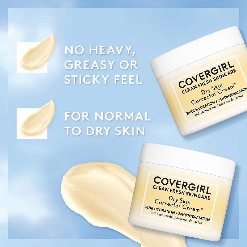COVERGIRL Clean Fresh Skincare Dry Skin Corrector Cream, 60ml. Rich face moisturizer formulated with Cactus Water, Hyaluronic Acid, Jojoba & Shea Butter for 24HR Deep Hydration, Non-greasy, 100% Vegan, 60ML Cream