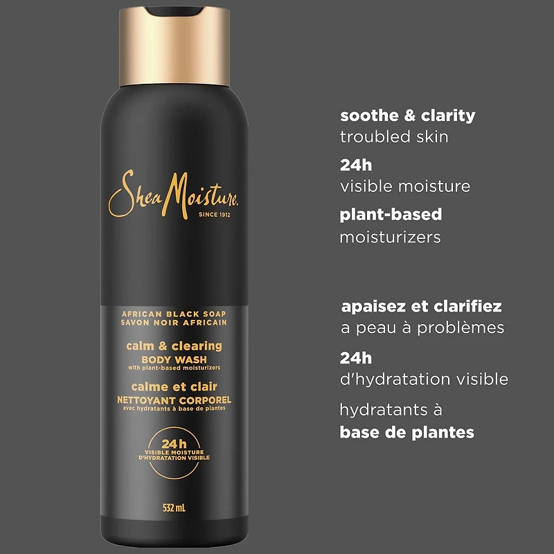 SheaMoisture Nettoyant Corporel apaisant et clarifiant, au Savon Noir Africain pour une hydratation visible de 24 heures, pour une peau saine et éclatante 532mL