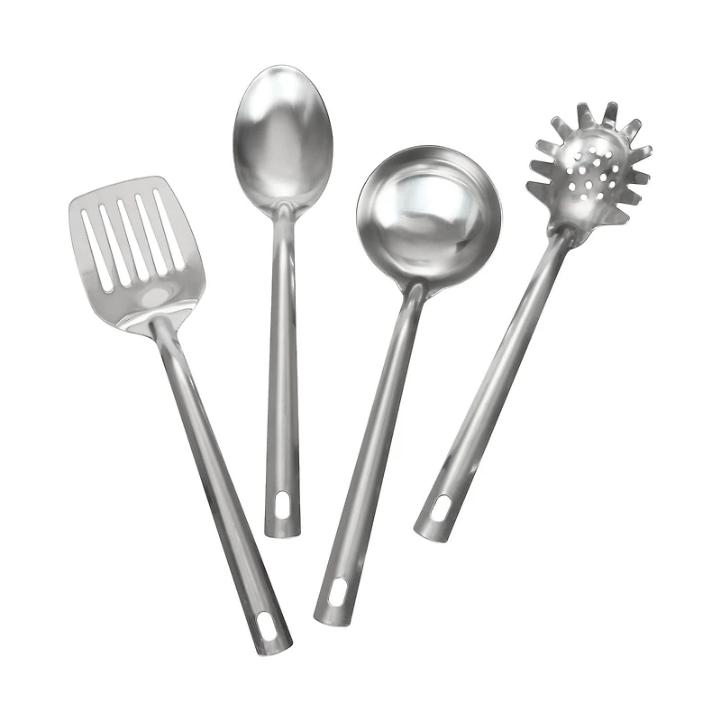 Mainstays Ensemble d'ustensiles de cuisine 4 Pièces en acier inoxydable, spatule, cuillère à fentes, louche et cuillère à pâtes Outils de cuisine indispensables