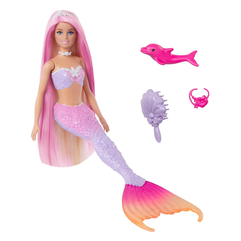 Barbie Malibu Poupée Sirène à changement de couleur, dauphin, acc.