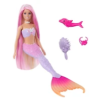 Barbie Malibu Poupée Sirène à changement de couleur, dauphin, acc.