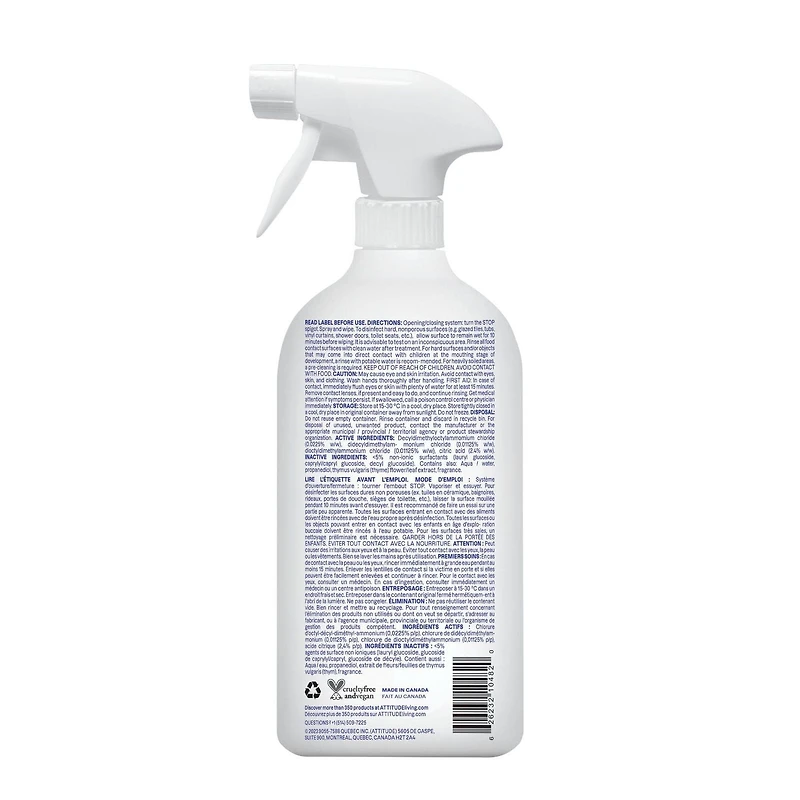 ATTITUDE home+ technology, Bathroom Cleaner Disinfectant 99.99%, Thyme & Lavender, 800 mL