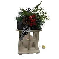 HOLIDAY TIME WHITE WOODEN LANTERN W/GREENER DÉCOR