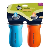 Tommee Tippee Insulated Non-Spill Straw Cup, 12m+ Toddler Training Drinking Bottle, 100% Leak Proof, Pack of 2, Orange and Blue