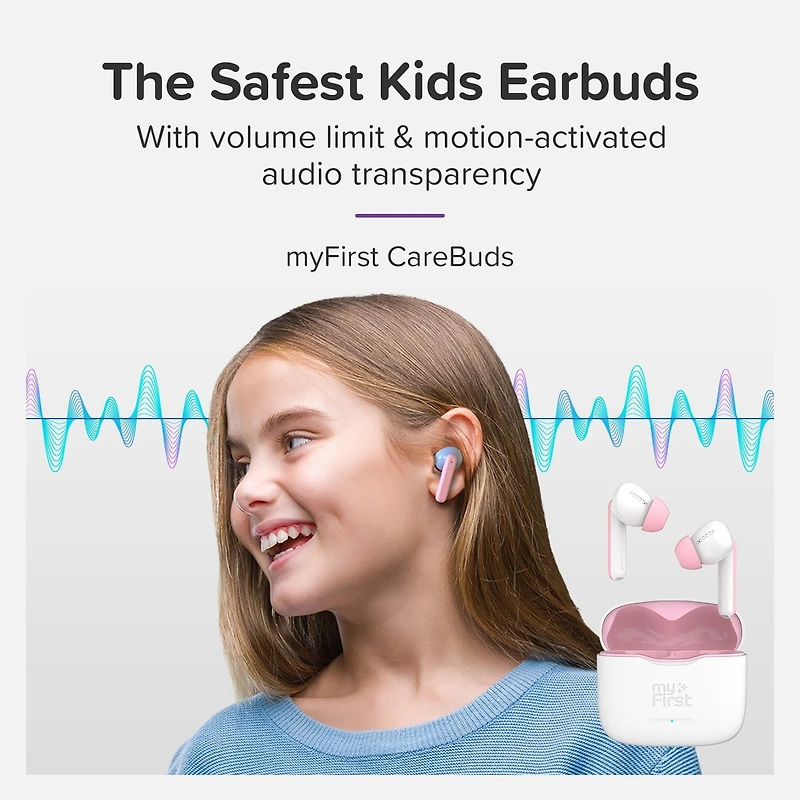 myFirst CareBuds (Space Blue) Kids Wireless Earbuds with 85dB Volume Limit, Built-in Mic, 6 Ear Tips, Anti-Lost Strap Easy Pairing, Gift for Kids 4-15