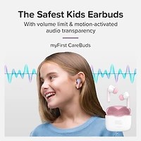 myFirst CareBuds (Space Blue) Kids Wireless Earbuds with 85dB Volume Limit, Built-in Mic, 6 Ear Tips, Anti-Lost Strap Easy Pairing, Gift for Kids 4-15
