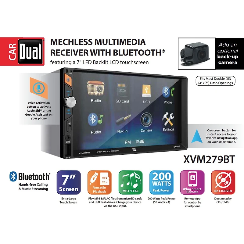 Dual Electronics XVM279BT 7" LED Touch Screen Double Din Car Stereo, Bluetooth, microSD, USB, MP3, Siri/Google Voice Activation