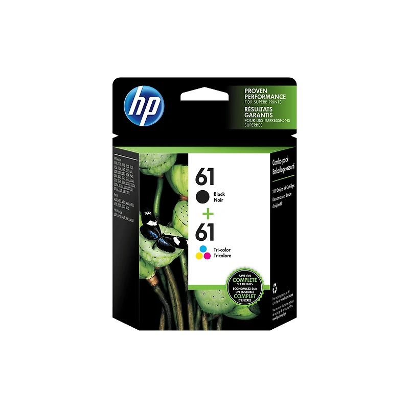 Paq. de 2 cartouches d'encre HP 61 noire et tricolore Noir