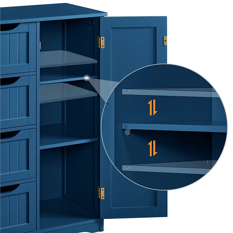 Fullfurnique Modern Wooden Freestanding Bathroom Floor Cabinet with 4 Drawers & Cupboard, Navy Blue