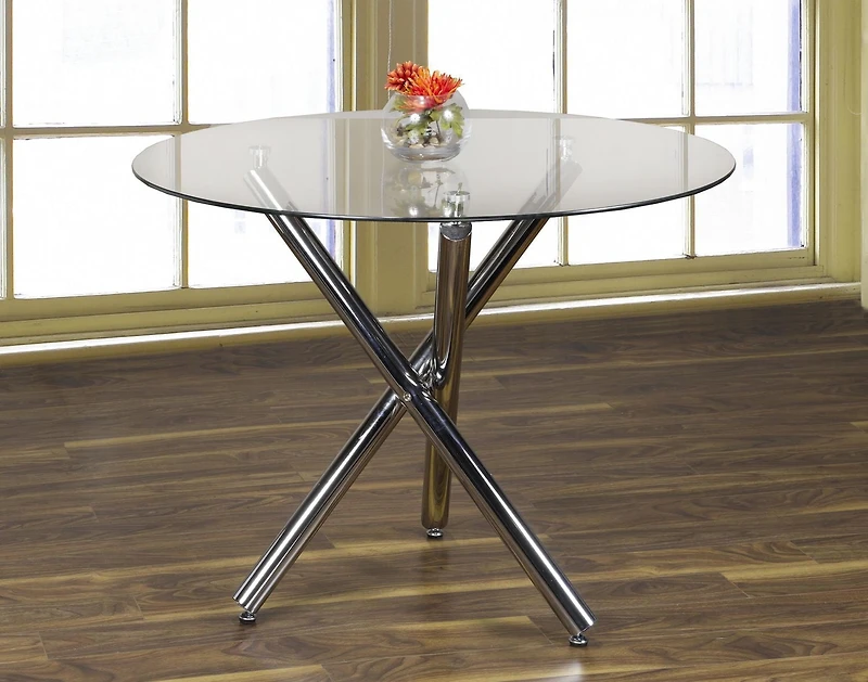 K-LIVING AMY 5PCS TABLE RONDE EN VERRE ET BASE CHROME AVEC SIÈGES EN PU NOIR
