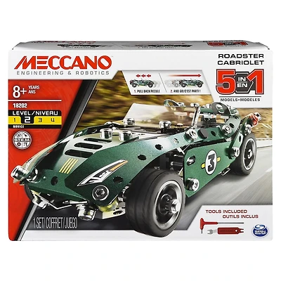 Meccano by Erector 5 in 1 Roadster Pull Back Car Building Kit, Stem Engineering Education Toy for Ages 8 And up