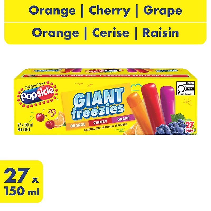Popsicle Giant Freezies - Orange, Cherry, Grape - 27 x 150 ml, 27 x 150 ml