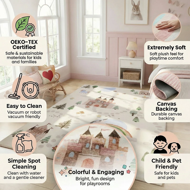 Rug Branch Soft Steps Playtime Licornes, Chateau, Carte routiere, Tapis educatif doux, Blanc Bleu - Garcons et filles dans la salle de jeux, la creche, la chambre