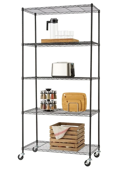 Étagère à tablettes grillagées à 5 niveaux TRINITY Basics | 91 cm x 46 cm x 193 cm (36 x 18 x 76 po) | Avec roulettes | NSF | Noire
